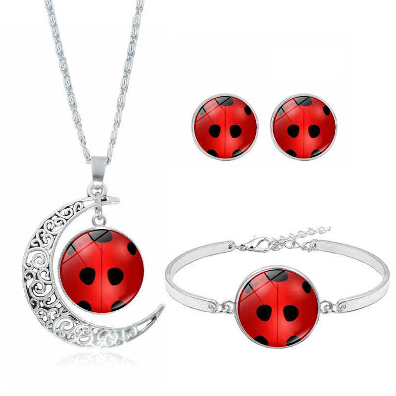 Preferred#Cartoon anime round polka dot ladybug necklace set creative girl silver bracelet earring jewelry three-piece set MQ L