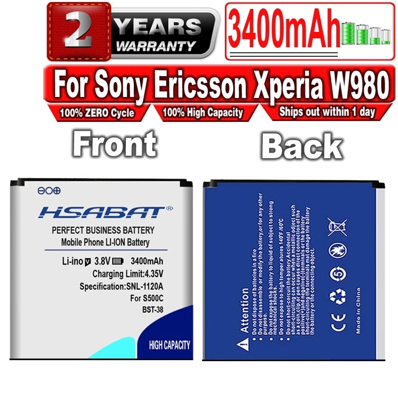 HSABAT ใหม่ 3400mAh BST-38 / BST 38 แบตเตอรี่สําหรับ Sony Ericsson Xperia W980/Z770i/C510/C902/C905/