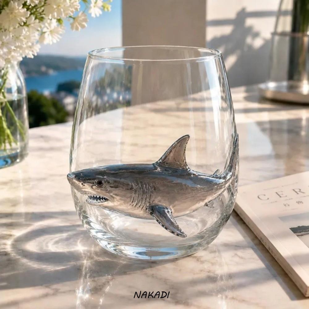 NAKADI Ocean Animal Mug, 3D Creative Funny Glass Tea Cup, Unique Octopus Fish Shark Dolphin Transparent Clear Milk Cup Coastal Home