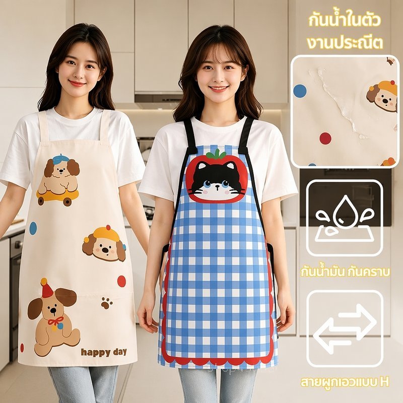 ผ้ากันเปื้อน ผ้ากันเปื้อนครัว กันครีม ผ้าคอมโพสิตกันน้ำ 70×58cm ลายการ์ตูน ลายน่ารัก ใช้ในบ้าน ไม่มีแขน รูปที่ 3