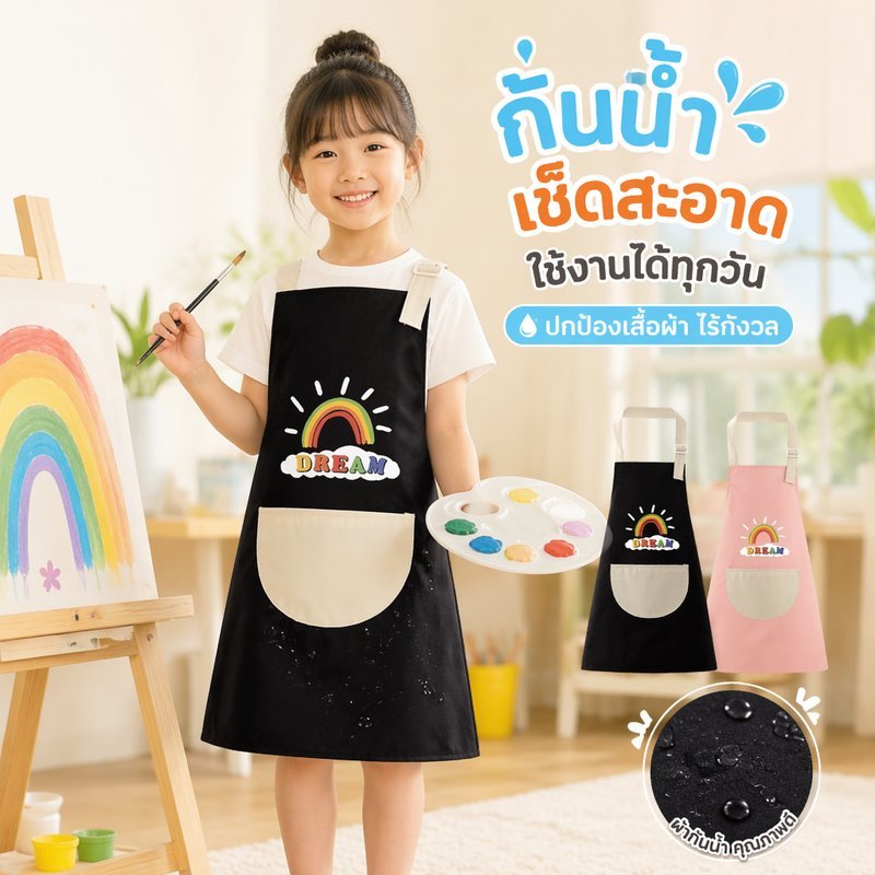 ผ้ากันเปื้อนเด็ก กันน้ำ ผ้าโพลีเอสเตอร์ สายปรับได้ ลายการ์ตูน กันเปื้อนศิลปะ ทำความสะอาดง่าย