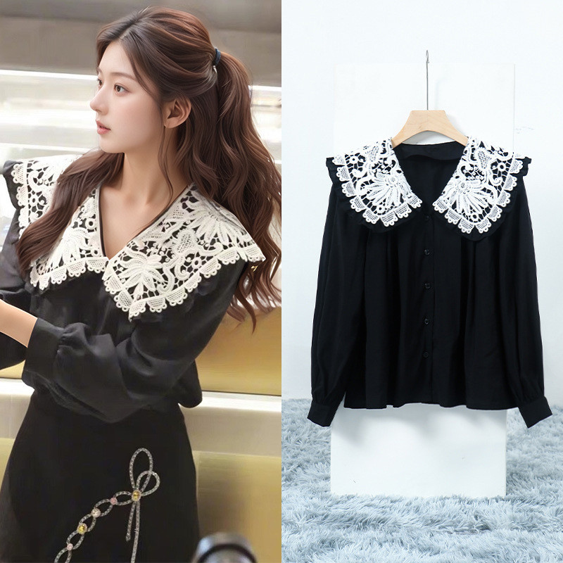 [คลังสินค้าพร้อม] Zhang Ruonan สไตล์เดียวกันสีดําหลวมลูกไม้เย็บออกแบบเสื้อเชิ้ตทันสมัยเสื้อแขนยาวผู้