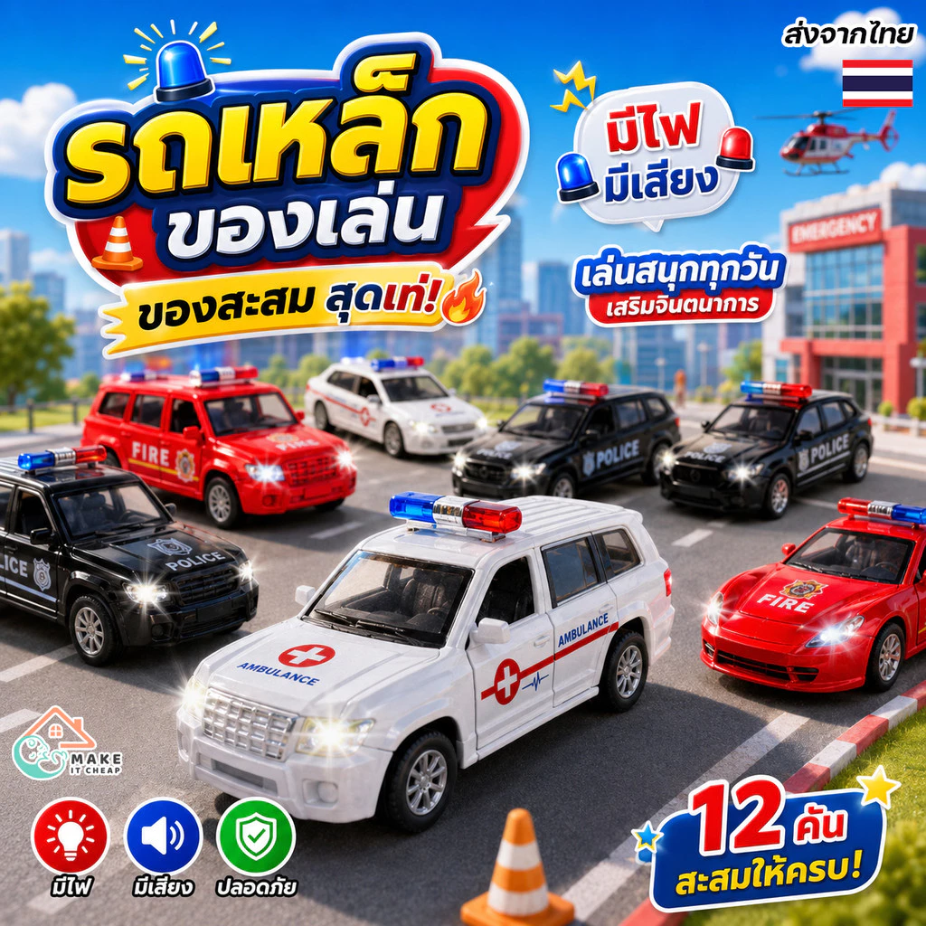โมเดลรถ​เหล็ก​ รถมอเตอร์ไซค์ รถของเล่น มีไฟ มีเสียงไซเรน 3 เสียง เปิดประตูได้ รถตำรวจ รถพยาบาล รถดับเพลิง สเกล 1:32