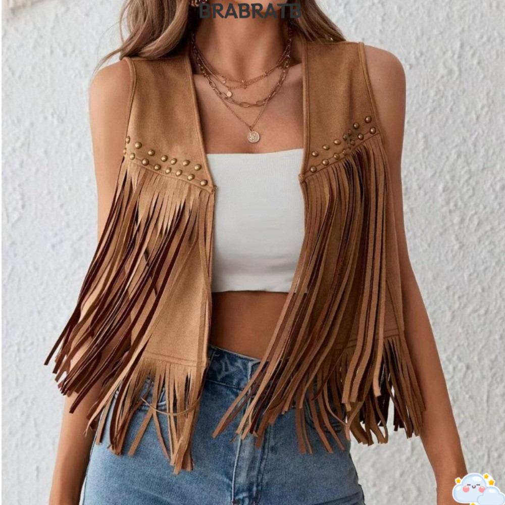 BRABRAA Fringd Vest, เปิดด้านหน้าสีดํา/สีน้ําตาล Western Jacket, แฟชั่น Retro Rivet Detailing Suede 