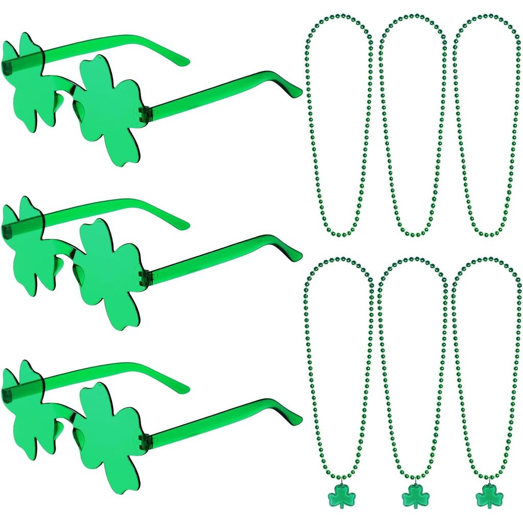 Sucrain 9PCS St Patricks Day Party Set รวมสร้อยคอลูกปัดสีเขียว, สร้อยคอ Shamrock และแว่นตากันแดดสําห