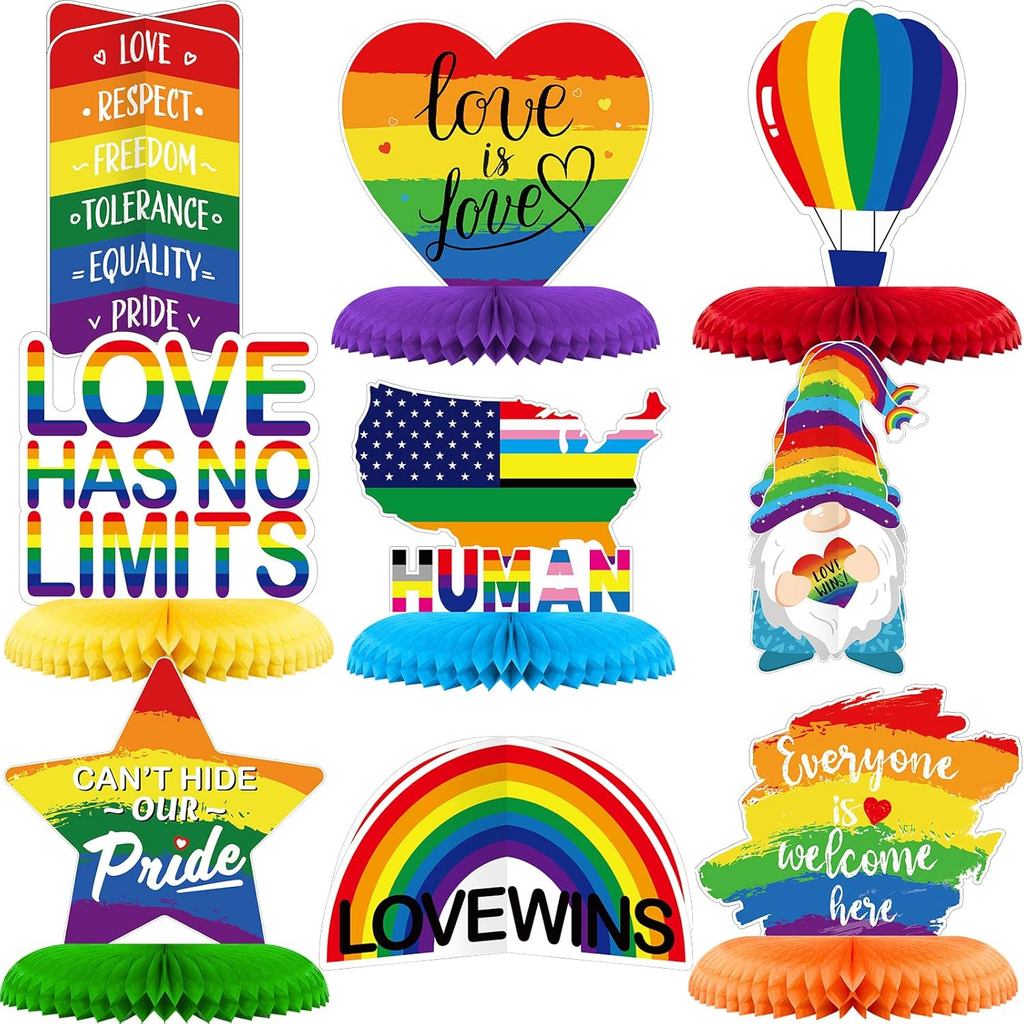 9 ชิ้น Pride เดือนตกแต่ง Pride รังผึ้ง Centerpiece Rainbow Party ตกแต่ง Love is Love ตาราง Toppers C