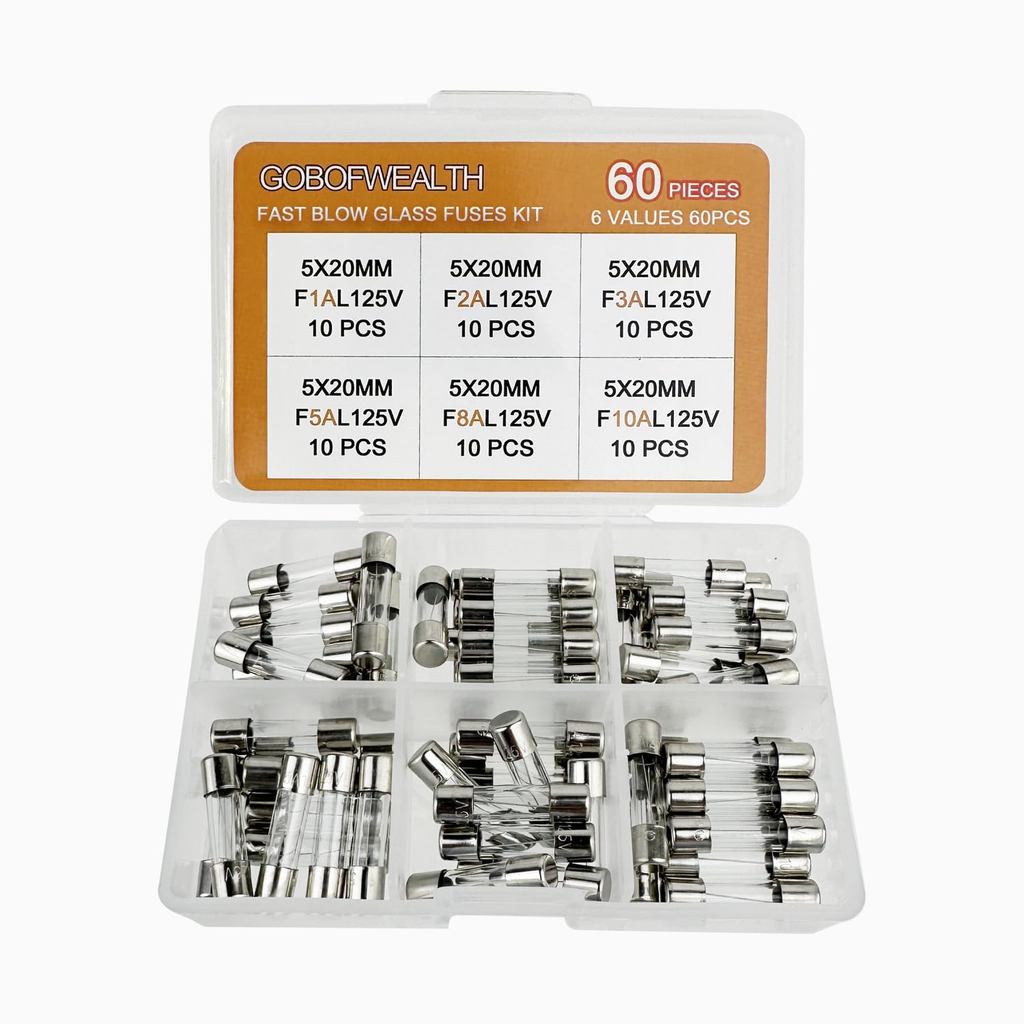 125V Fast-Blow Glass Fuse Assortment Kit, 5x20 มม.0.2x0.78 นิ้ว 1A 2A 3A 5A 8A10A Ampere 6 รุ่น 60PC