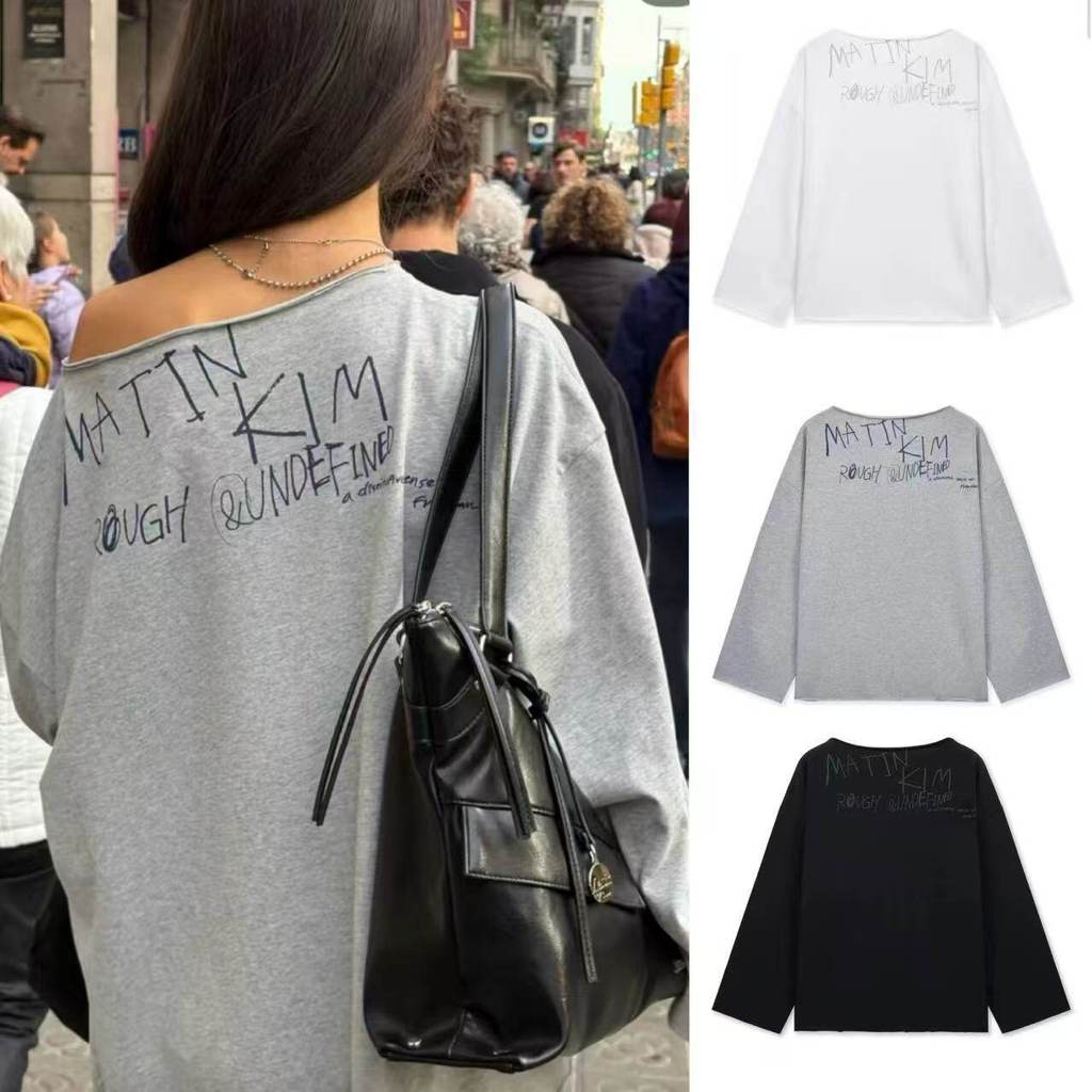 Matin kim เสื้อยืดแขนยาวไหล่ลาด ทรงหลวม พิมพ์ลายกราฟฟิตีด้านหลัง สไตล์เกาหลี สำหรับผู้หญิง