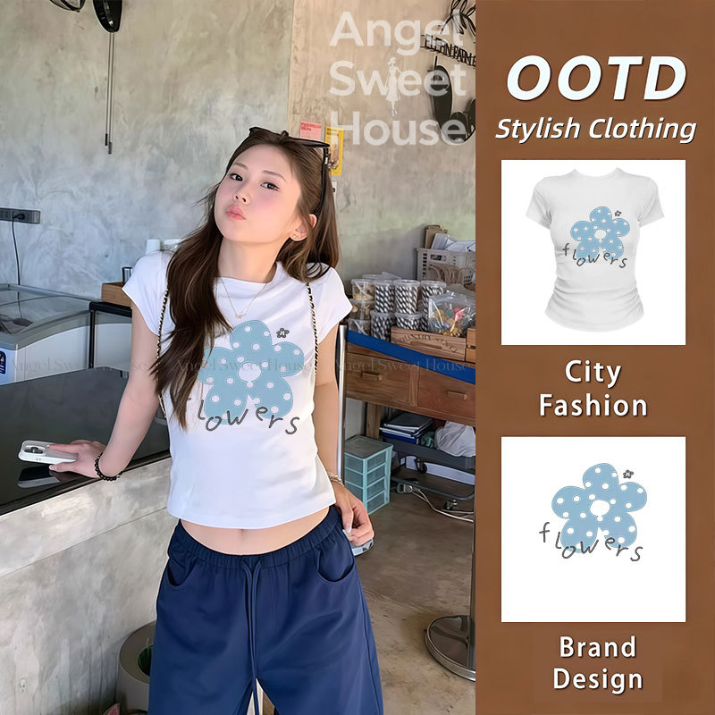 เสื้อยืดผู้หญิง แขนสั้น ลายดอกไม้ มินิมอล สไตล์เกาหลี ทรงเข้ารูป แฟชั่นวัยรุ่น ผ้านุ่ม ใส่สบายทุกวัน ใส่เที่ยว ใส่ชิลล์