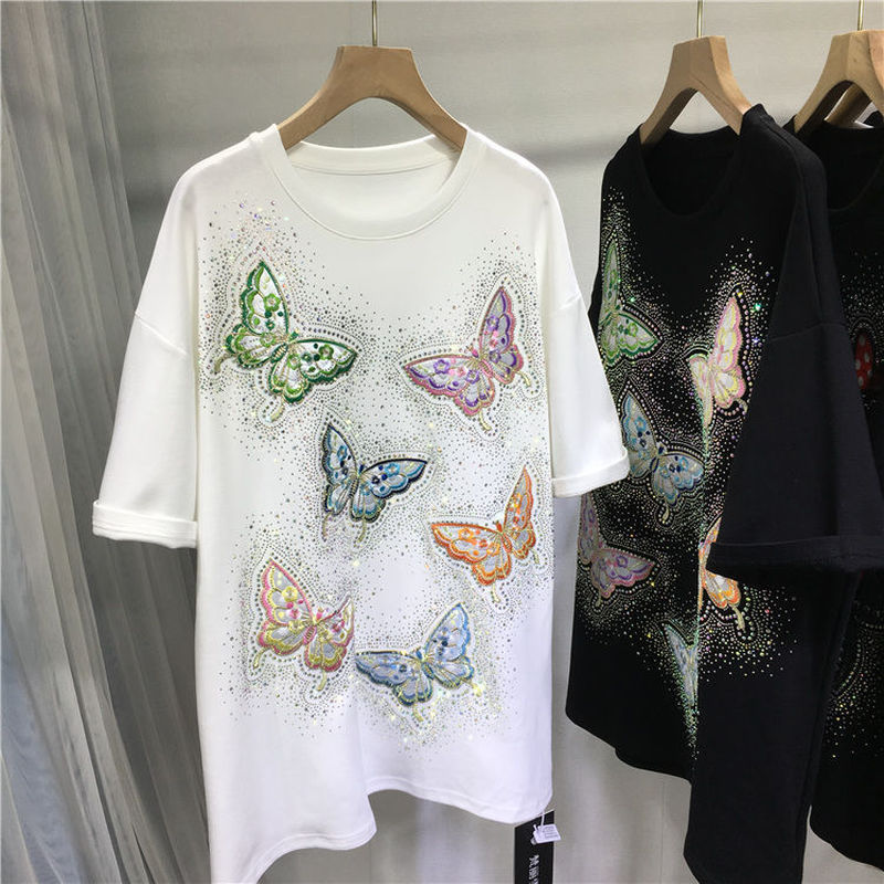 757 # เสื้อยืดแขนสั้นทรงเข้ารูปสำหรับผู้หญิงไซส์ใหญ่ น้ำหนัก 2-300 ปอนด์ ตกแต่งด้วยงานปักคริสตัลคุณภ