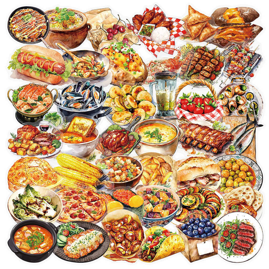 50 แผ่น YUMMY FOOD COLLECTION : DIY แพ็คสติ๊กเกอร์กันน้ําไม่ทําซ้ําโปร่งแสง