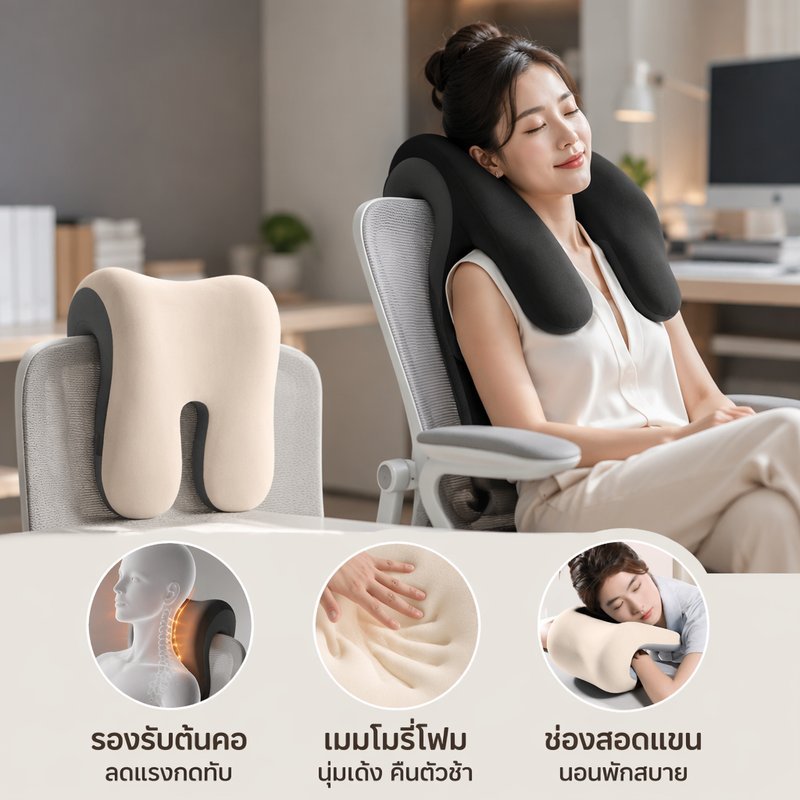 หมอนรองคอเมมโมรี่โฟมรูปตัว ยู เก้าอี้สํานักงานรองรับฟื้นตัวช้าระบายอากาศได้การเดินทางนุ่ม