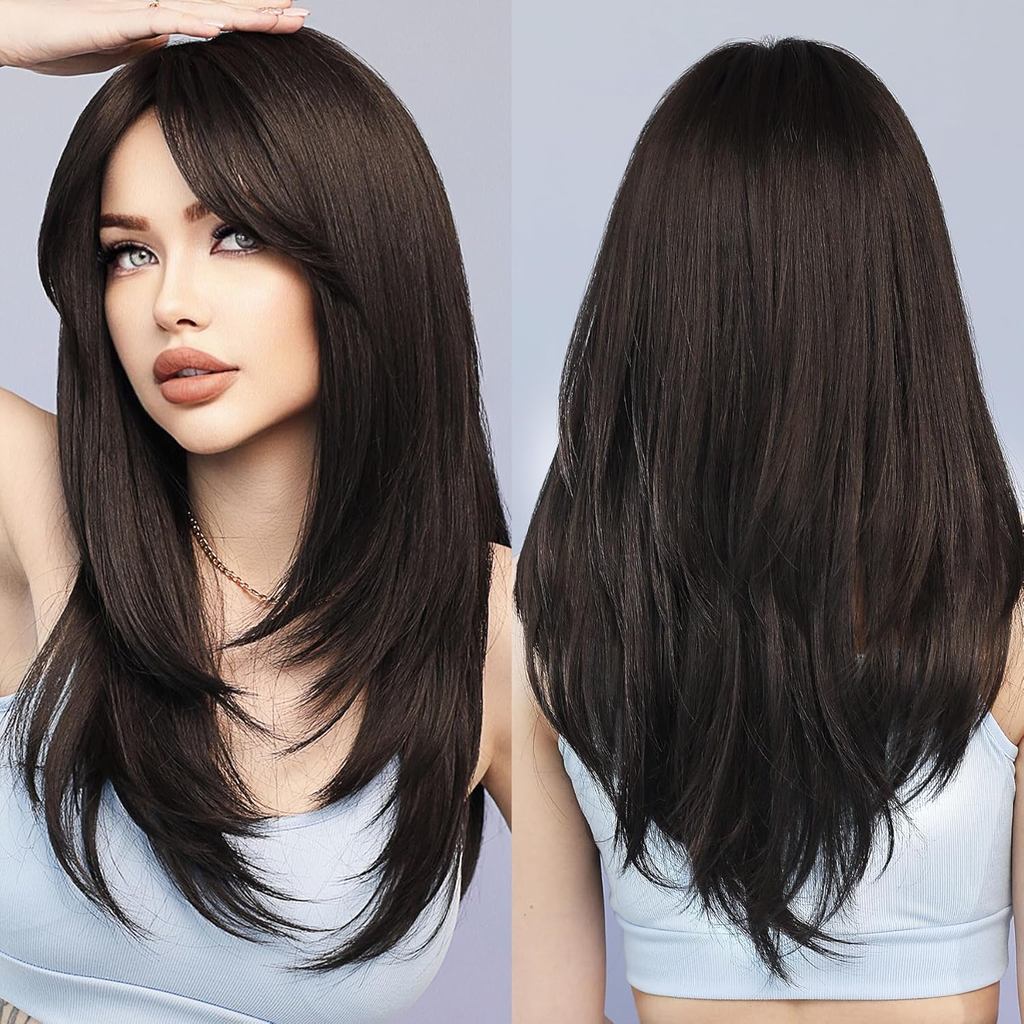 7JHH WIGS Long Natural Black Wig with Bangs Straight Wigs for Women,Heat Resistant Layered Synthetic