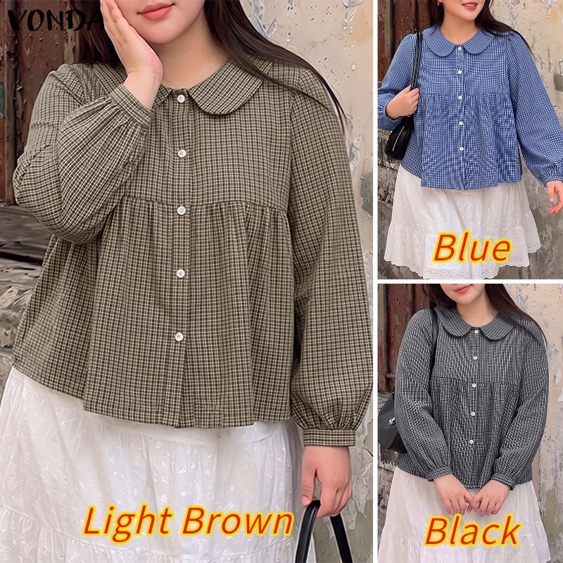 Vonda ผู้หญิงเกาหลีขนาดบวกอเนกประสงค์ลายสก๊อต Peter Pan Collar เสื้อเชิ้ตแขนยาวหลวม — صورة 3