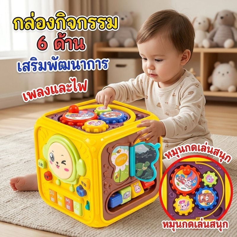 ของเล่นกล่องกิจกรรม 6 ด้าน เสริมพัฒนาการ เด็กเล็ก มีเสียงเพลง เปียโน บล็อกหยอด ฟันเฟือง