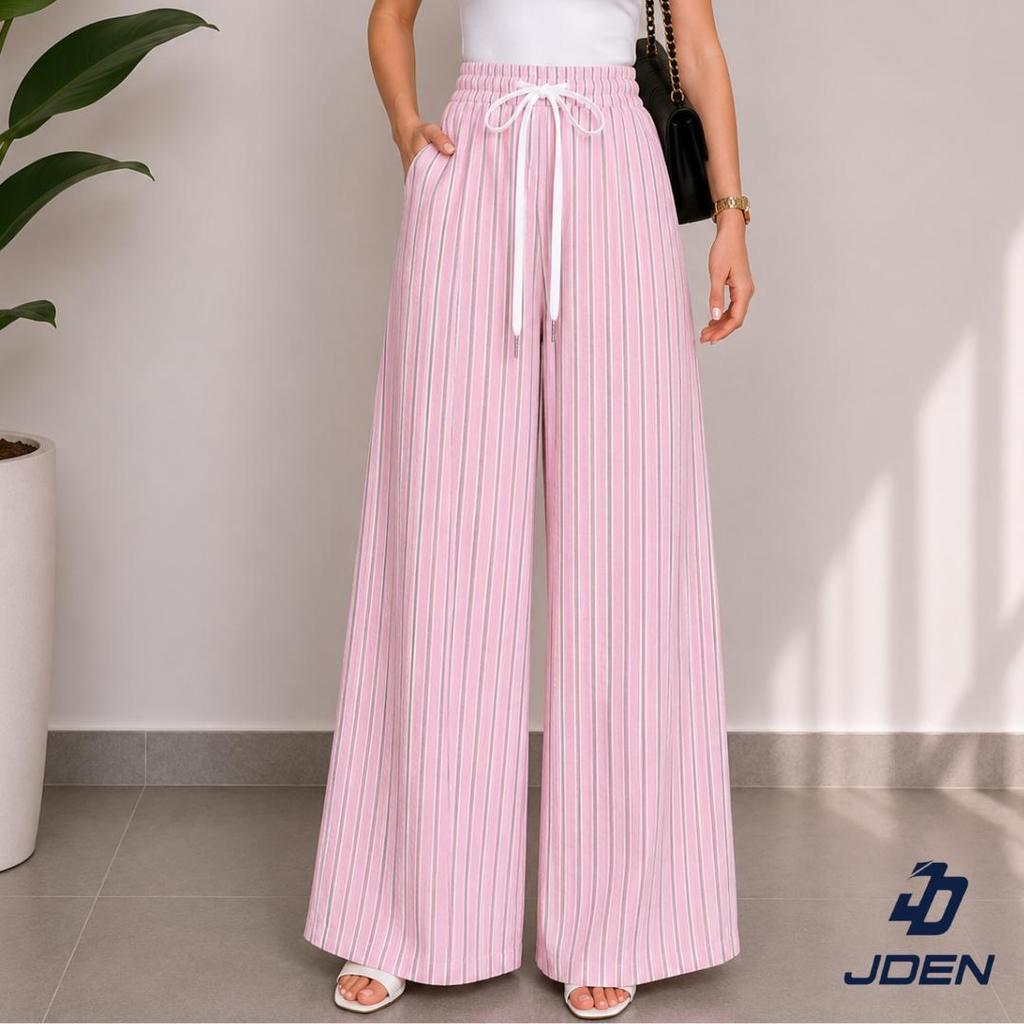JDEN Casual Baggy Pants Large Wide Leg Striped Pants Viral Striped Pants Pocket Cushion เอว