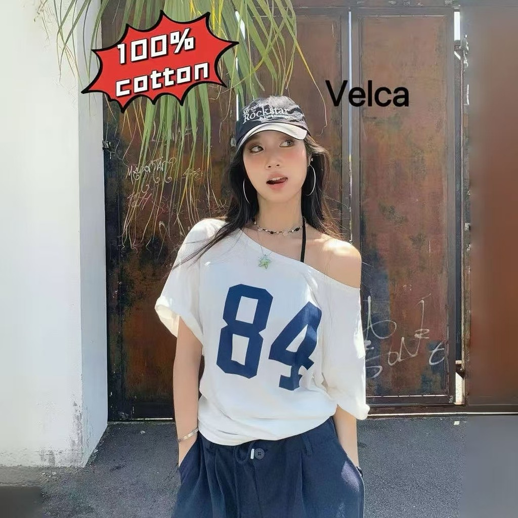 Velca 100%cotton เสื้อยืดผู้หญิง  เสื้อยืดวินเทจ🌸 เสื้อปาดไหล่  เสือใส่สบาย  ทรงหลวม  แบบบาง