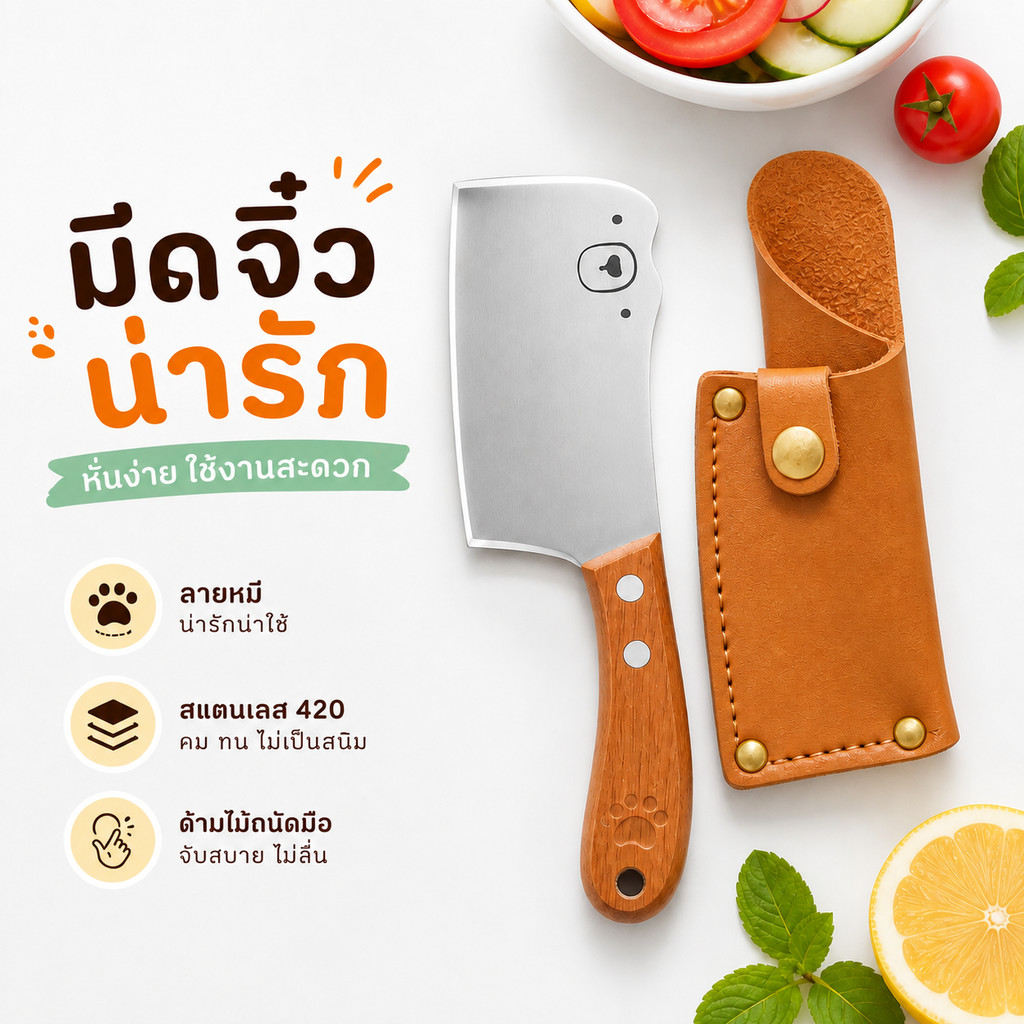 มีดอเนกประสงค์มินิ มีดครัวขนาดเล็ก ใบมีดสแตนเลส ด้ามจับไม้ ลายน่ารัก พกพาสะดวก