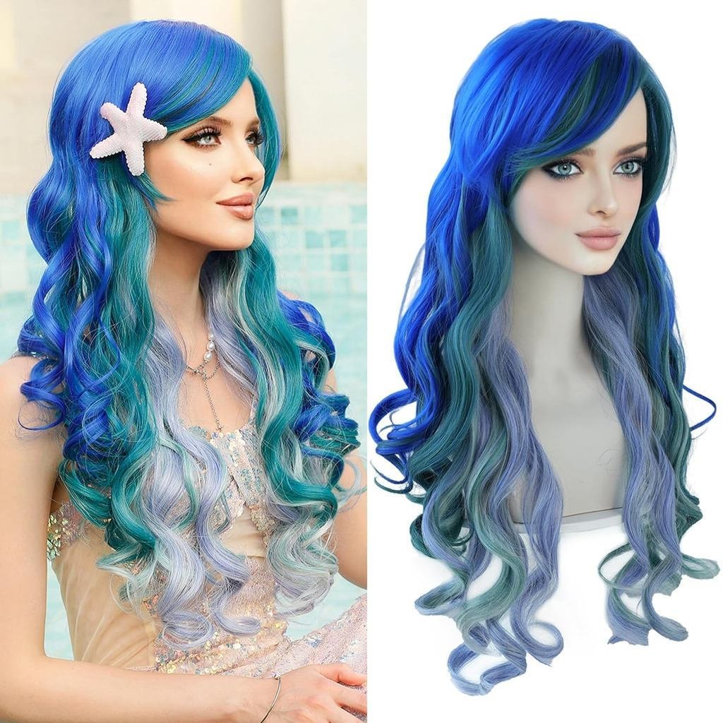 ยาวWavyCostumeวิกผมคอสเพลย์นางเงือกวิกผมสําหรับผู้หญิงปาร์ตี้ฮาโลวีนใช้สูงอุณหภูมิทนความร้อนไฟเบอร์H