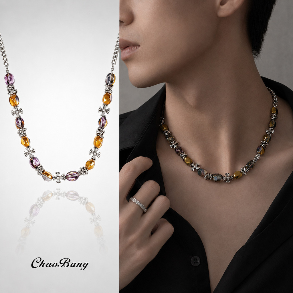 สร้อยคอลูกปัดหัวใจสีสันสดใสผู้ชายอินเทรนด์ Niche Design Accessories Retro All-Match Jewelry 8.8 URP8