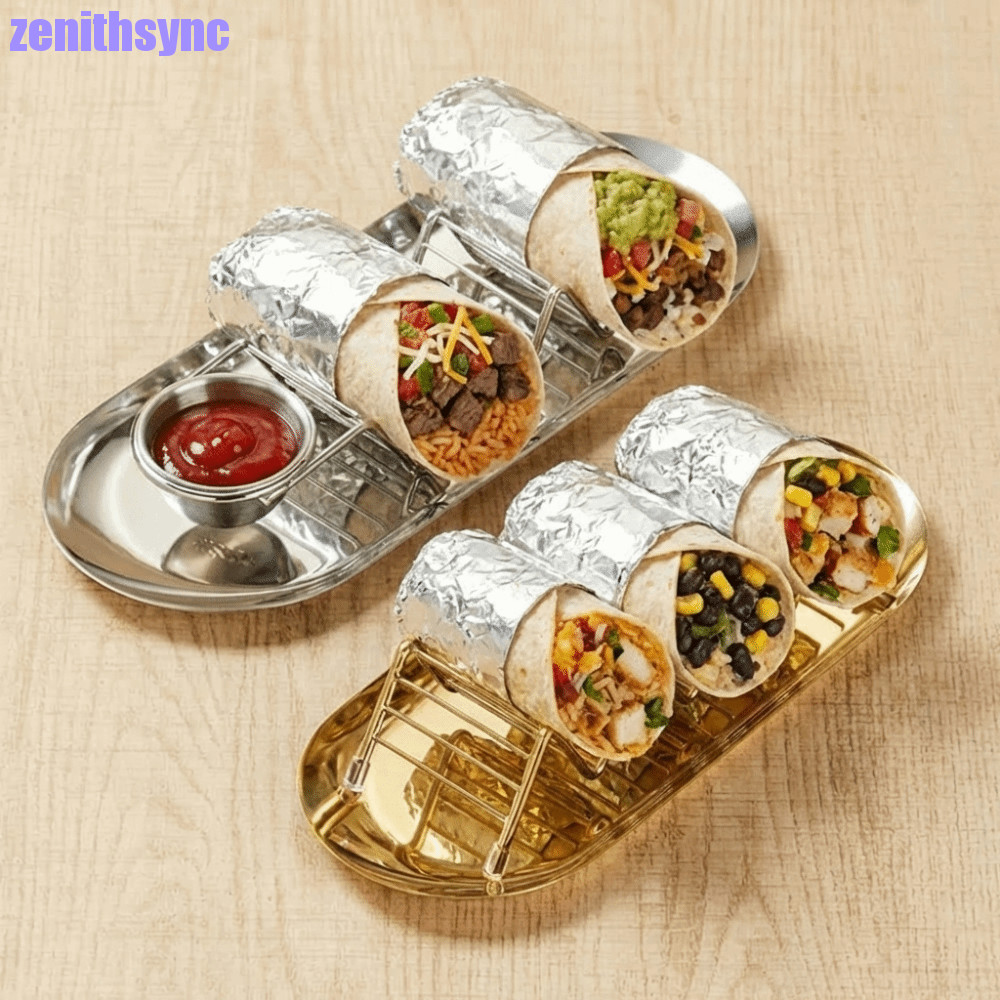 ZENITHSYNC ที่วางทาโก้สแตนเลส, ขาตั้ง Taco กันสนิมรูปตัว W พร้อมถาด, แบบพกพาพร้อมถ้วยซอสสําหรับ 1/2/3/4 Tacos ลื่นเม็กซิกันม้วนห้องครัว