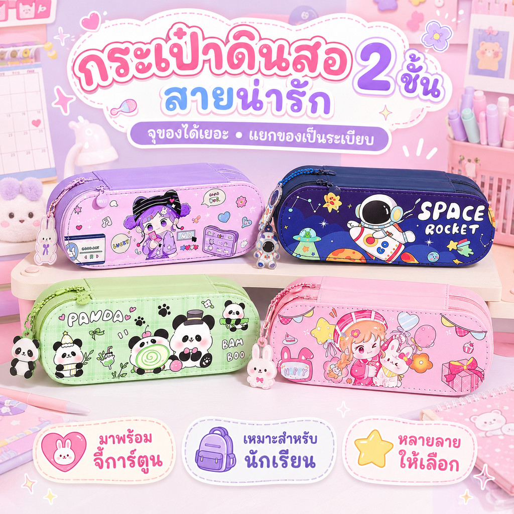 กล่องดินสอการ์ตูน 2 ชั้น ขนาดใหญ่ จัดเก็บเป็นสัดส่วน พร้อมพวงกุญแจน่ารัก มีหลายลายให้เลือก พกพาสะดวก
