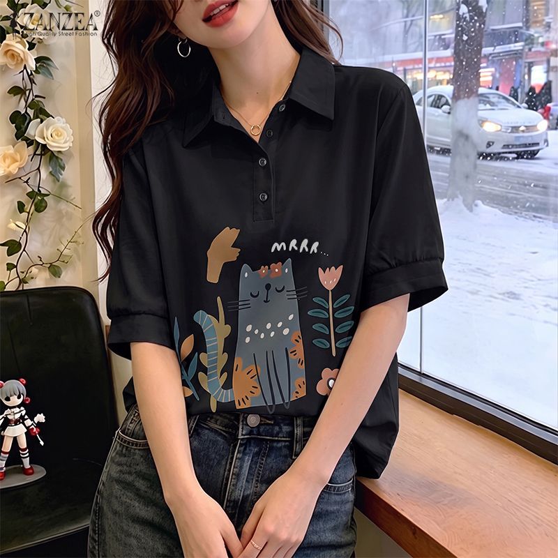 ZANZEA เสื้อเชิ้ตแขนพัฟพิมพ์ลายลําลองสไตล์เกาหลีของผู้หญิงการ์ตูนสัตว์รูปตัว H — صورة 5