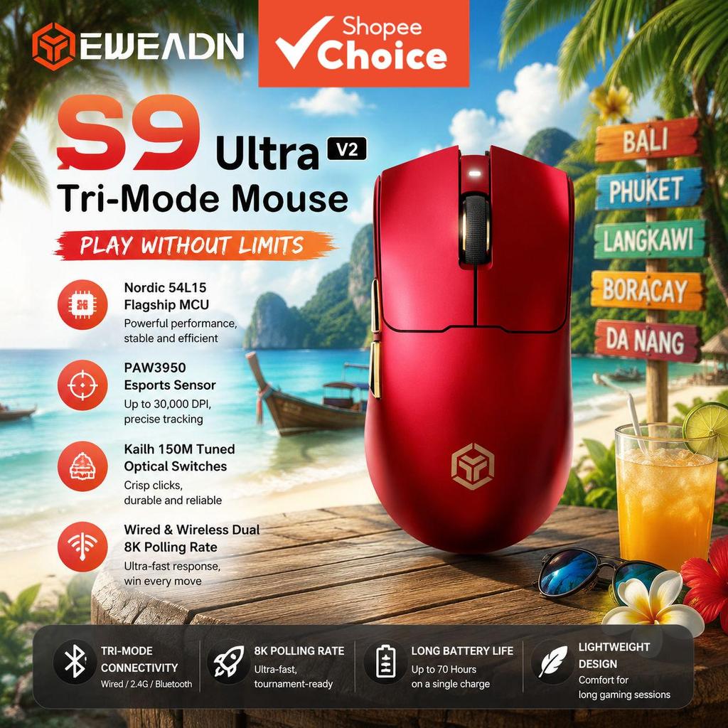 เมาส์เกมมิ่งไร้สายแบบสามโหมด EWEADN S9 Ultra V2 บลูทูธ 2.4G เซ็นเซอร์แม่นยําสูง น้ําหนักเบา ออกแบบตา