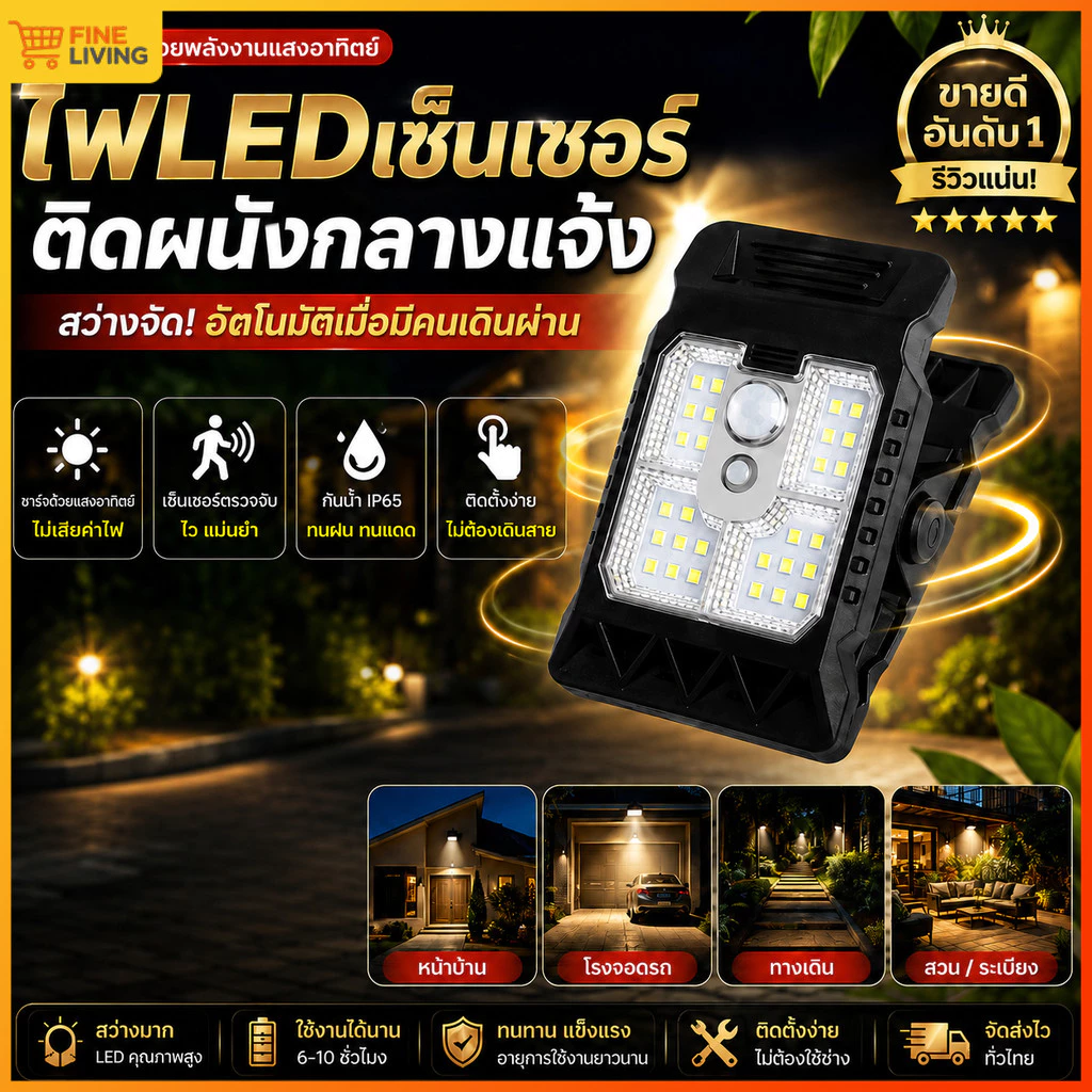 💥ราคาพิเศษจำกัดเวลา💥ไฟโซล่าเซลล์แบบหนีบ ตรวจจับความเคลื่อนไหว อัตโนมัติ กันน้ำ IP65 ติดตั้งง่าย สำหรับทางเดินและบ้าน