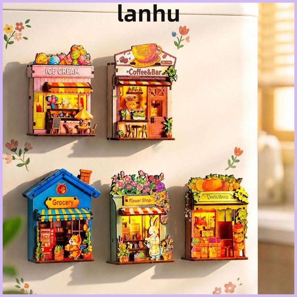 LANHU DIY ไม้ Mini House, สัตว์ Shop DIY Handcraft ตู้เย็นแม่เหล็ก DIY, ตกแต่งบ้านพร้อม Light Mini H