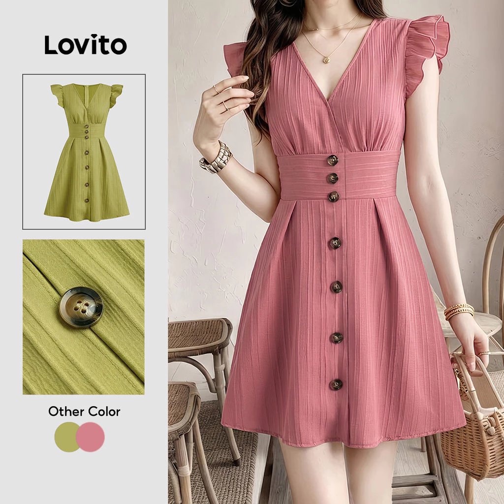 (New Arrival) Lovito เดรสสีชมพูเรียบง่ายแต่งระบายกระดุม เดรสฤดูสปริง/ฤดูร้อนสําหรับผู้หญิง LK7ED1181