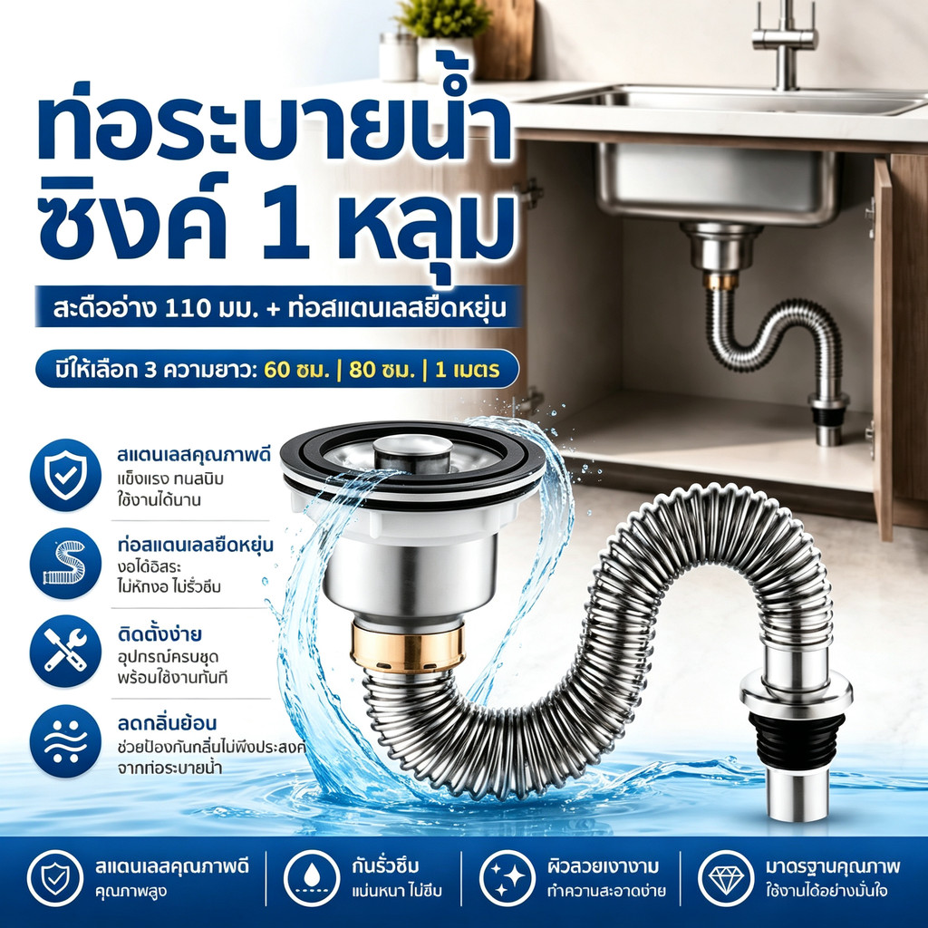 ท่อน้ำทิ้งอ่างล้างจาน สแตนเลส ยืดหยุ่นดัดงอได้ ป้องกันกลิ่นย้อน ติดตั้งง่าย ครัว ห้องน้ำ