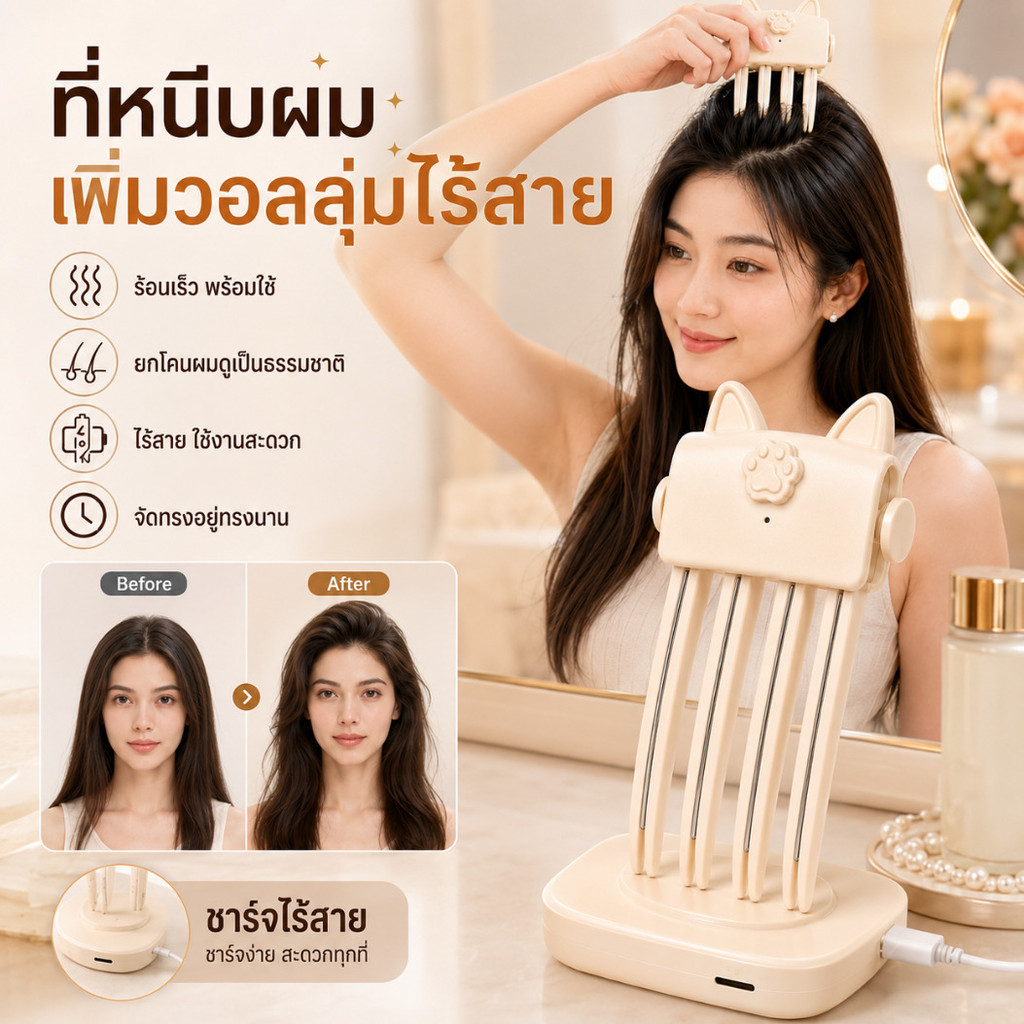 จัดส่ง 24 ชม [ความนุ่มฟูที่ยาวนาน]เครื่องหนีบผมไร้สายชาร์จไฟ/เพิ่มวอลลุ่มโคนผม/หนีบเพิ่มวอลลุ่มรากผม/ปรับอุณหภูมิได้/ไม่ทำลายผม/ใช้ที่บ้านและเดินทาง/USBค่าใช้จ่าย/พกพาสะดวก/ใช้งานง่าย/เพิ่มวอลลุ่มผม/เหมาะสำหรับผมบาง