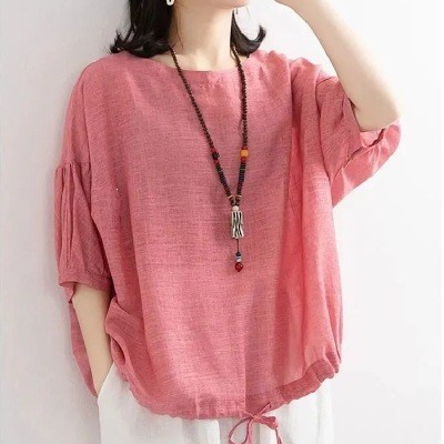 T Thailand หลวมขนาดใหญ่สบายๆเสื้อยืดผู้หญิงเสื้อค้างคาว Hem Drawstring รอบคอกลางแขนเสื้อเสื้อสวมหัวด