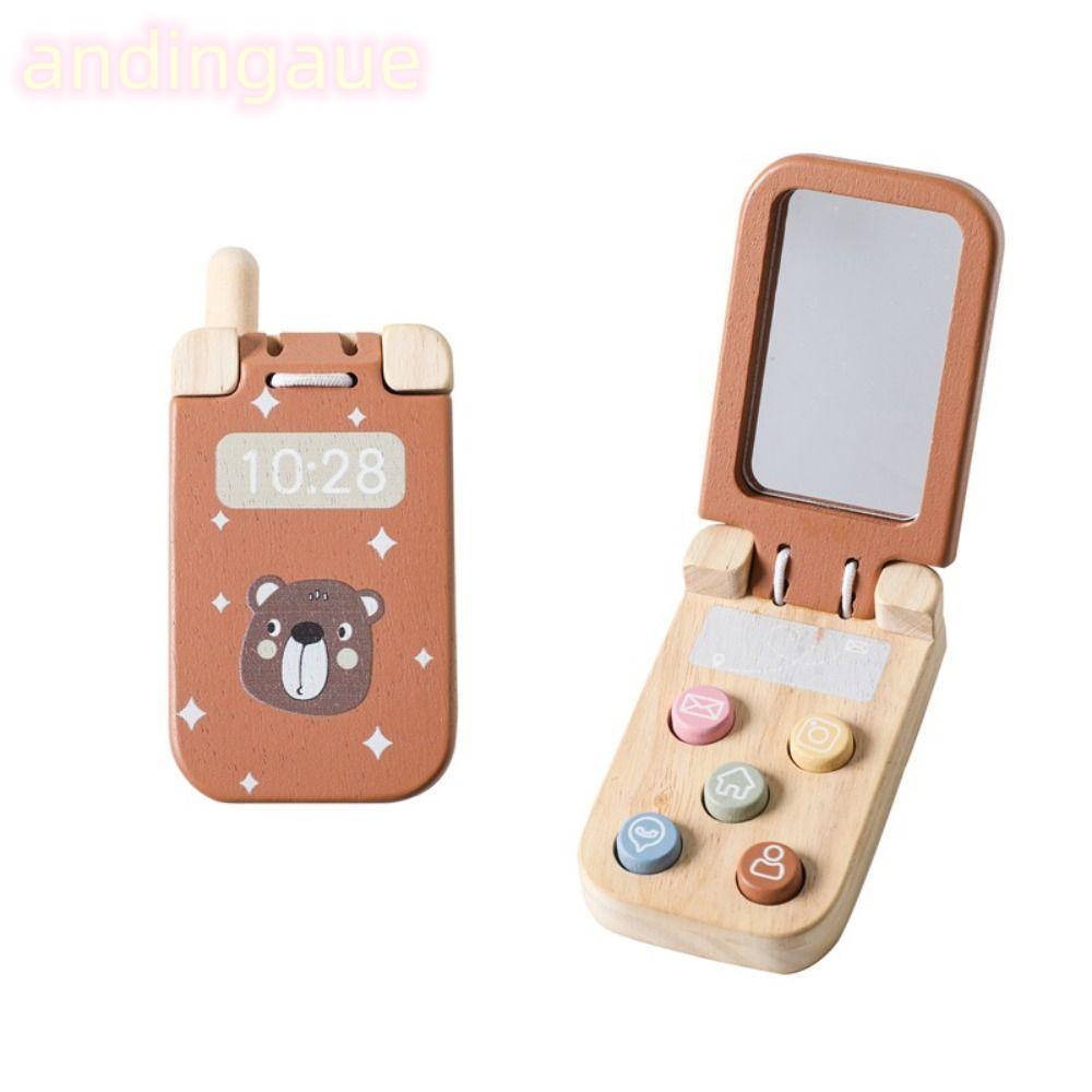 ANDIN Baby Montessori Toy, Bear Wooden Phone Toy, Cartoon with Mirror Flip Sensory Toys