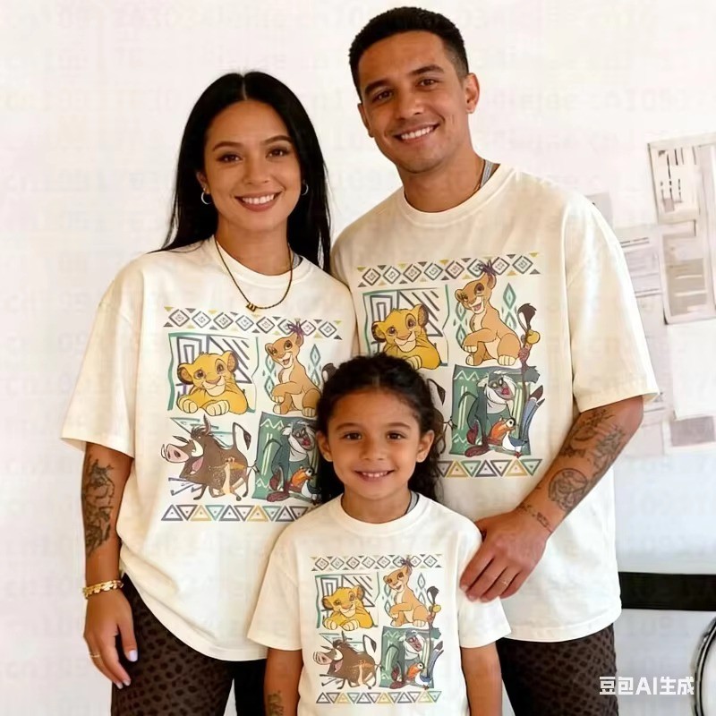 Cream White Family Matching T‑shirts Lion King Characters Retro Ethnic Geometric Frame Graphic Print