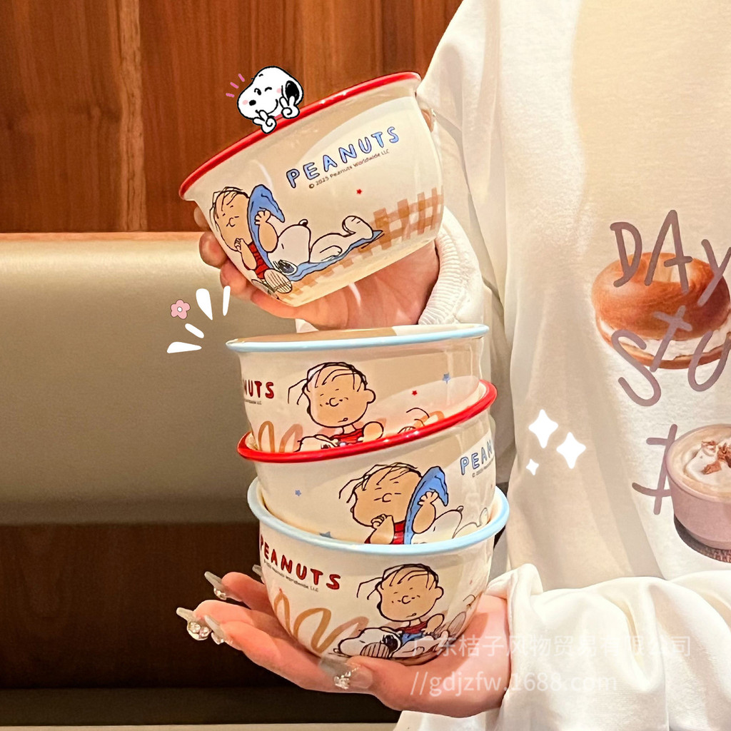 Snoopy Snoopy Abebe Series ชามข้าวเซรามิกพร้อมช้อนการ์ตูนน่ารักชามในครัวเรือนของใช้ส่วนตัวหอพักนักเร