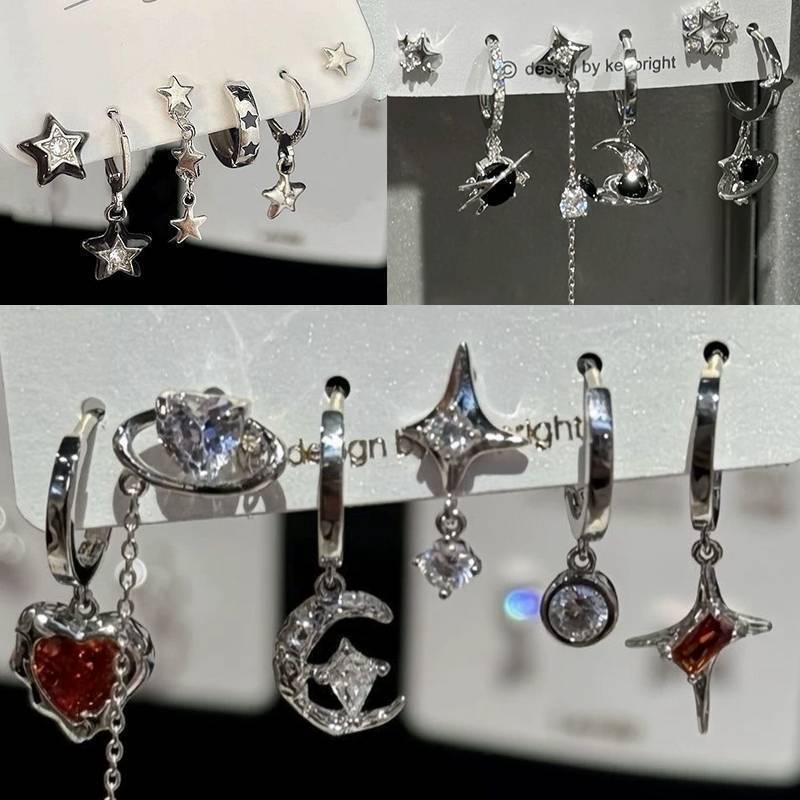 GPHA> 6PCSชุดGoth Punk Vintage AestheticคริสตัลหัวใจMoon Cross Starจี้ต่างหูสําหรับผู้ชายผู้หญิงGrun