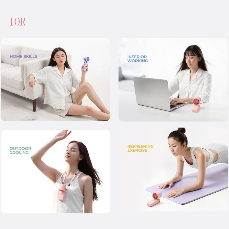 IOR พัดลมมือหลากสีพร้อมพัดลมคล้องคอเชือกเส้นเล็กทรงพลังและพับเก็บได้ 10W พับ