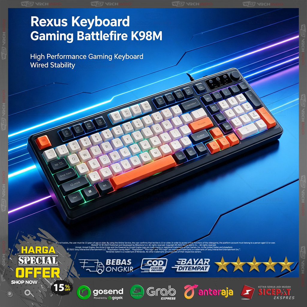 Rexus K98M 98-Key USB PC Rounded Keycaps คีย์บอร์ดเกม RGB พรีเมี่ยม