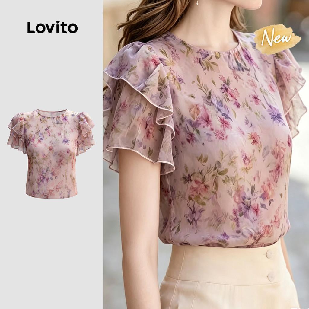 (New Arrival) Lovito เสื้อเบลาส์ลําลองสําหรับผู้หญิง เหมาะสําหรับฤดูใบไม้ผลิและฤดูร้อน LK7ED514