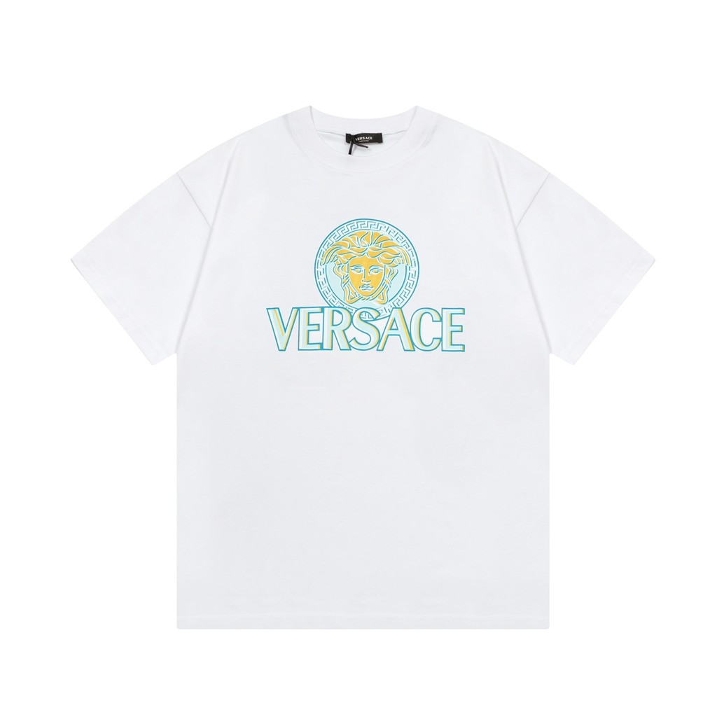 Versace Versace สวมใส่ทุกวันเสื้อยืดแขนสั้นผู้ชายผู้หญิงสไตล์ Heavy ฤดูใบไม้ผลิฤดูใบไม้ร่วง High-End