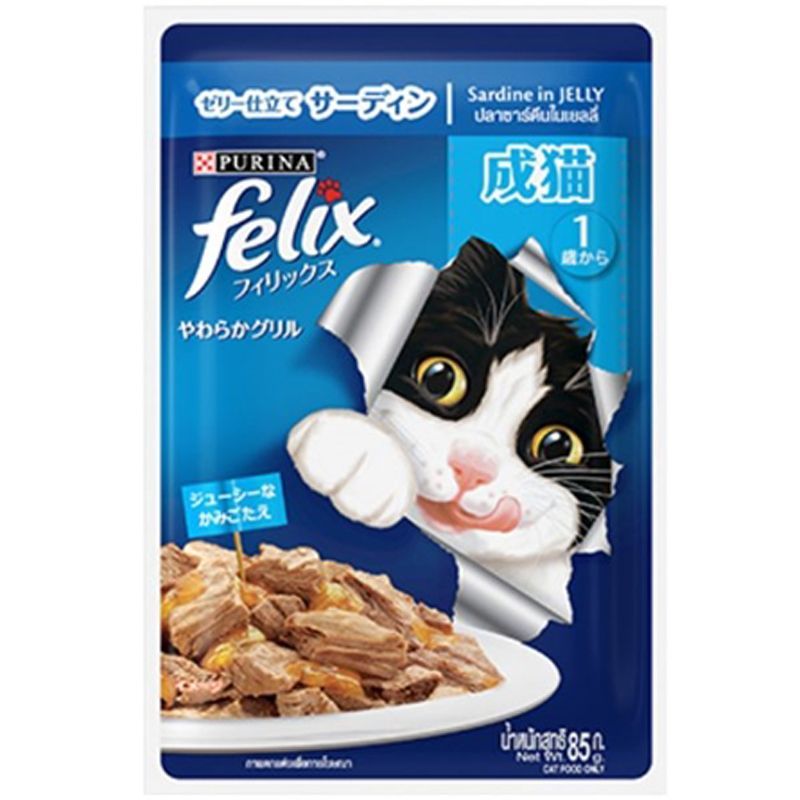 เฟลิกซ์อาหารแมวโตรสปลาซาร์ดีนในเยลลี่ 85กรัม Felix Adult Cat Food Sardine In Jelly 85g. [หมายเลขบาร์โค้ด 4902201207317 ]