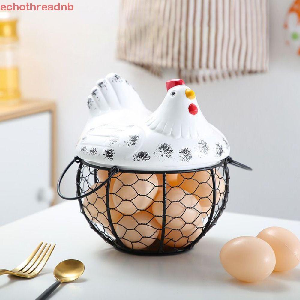 PIVOT Hen Egg Basket, Wrought Iron Cute Hollow Egg Container, Portable With Cover Rustic Chicken Sto