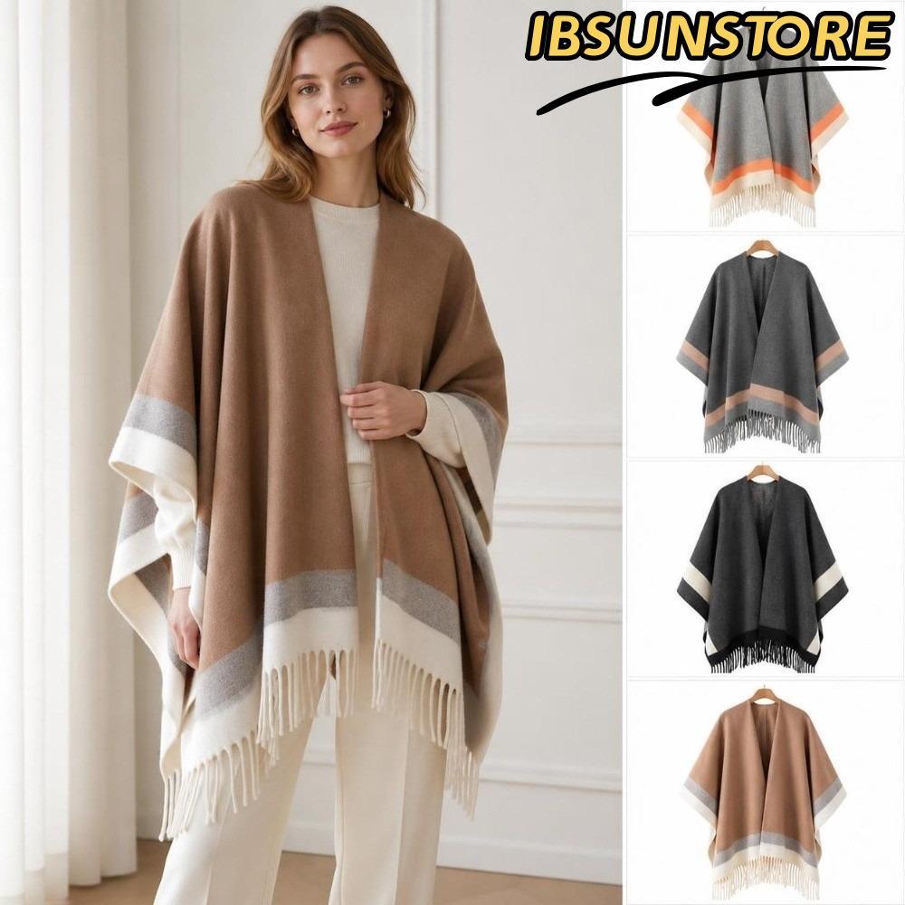 IBSUNSTORE เปิดด้านหน้า Cape Shawl, Warm ขนาดใหญ่ลายขอบ Poncho, แฟชั่นสบายขอบ Soft พู่ Poncho Wrap ส