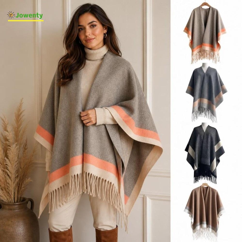 JOWENTY เปิดด้านหน้า Cape Shawl, ขนาดใหญ่นุ่มลายขอบ Poncho, แฟชั่น Warm Fringed Edge สบายพู่ Poncho 