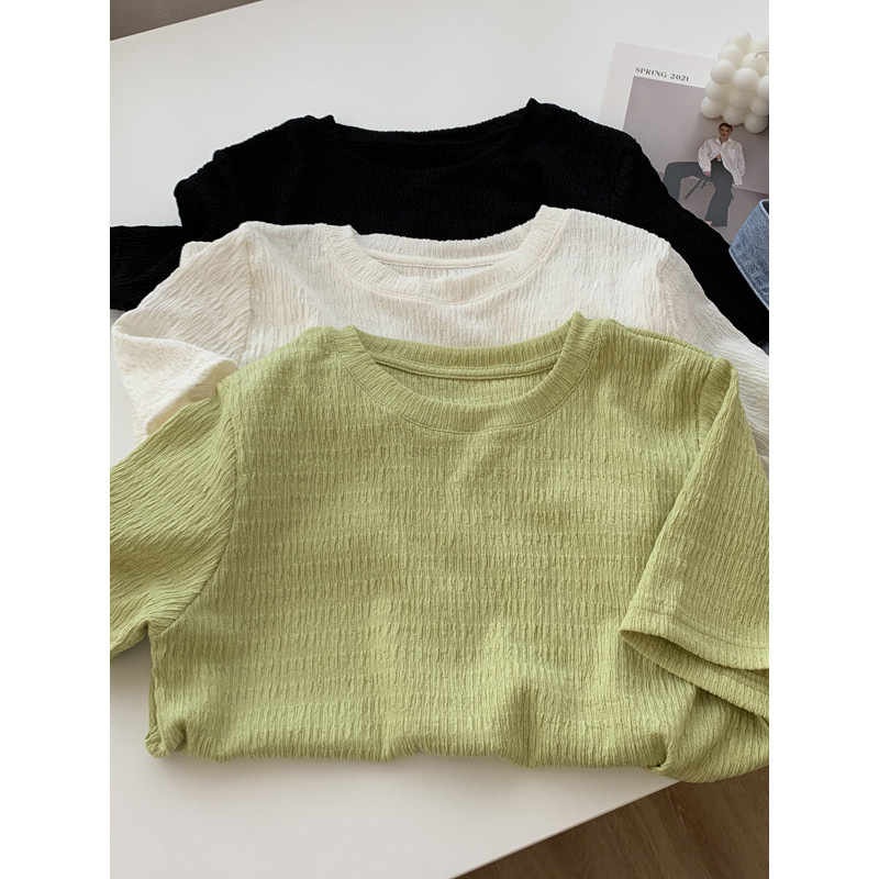 Super Hot cec รอบคอ Textured เสื้อยืดแขนสั้นผู้หญิง 2026 ฤดูร้อนสไตล์ใหม่หลวม Slimmer ดูครึ่งแขน Top