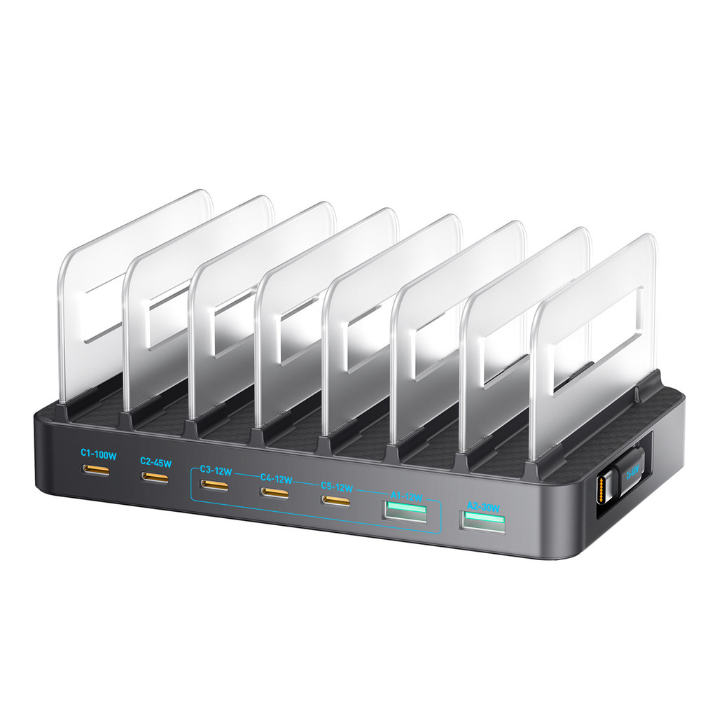 288W Gan Charger Station พร้อมตัวยึด 8 พอร์ต GaN Charger Station PD 100W Fast Charging Wall Charger 