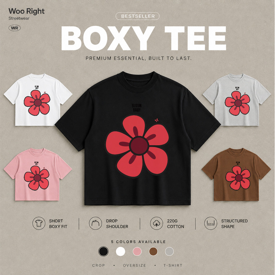 COD Woo Right Boxy Cropped T เสื้อยืดแขนสั้นลายดอกไม้แดง หลายสี ทรงเข้ารูป สำหรับคู่รัก ใส่ลำลอง
