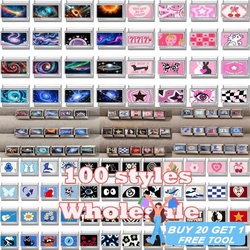 สร้อยข้อมือสแตนเลสสีเขียว อิตาเลียน charm ลายดอกไม้และหัวใจพร้อมลูกปัด 9 มม.